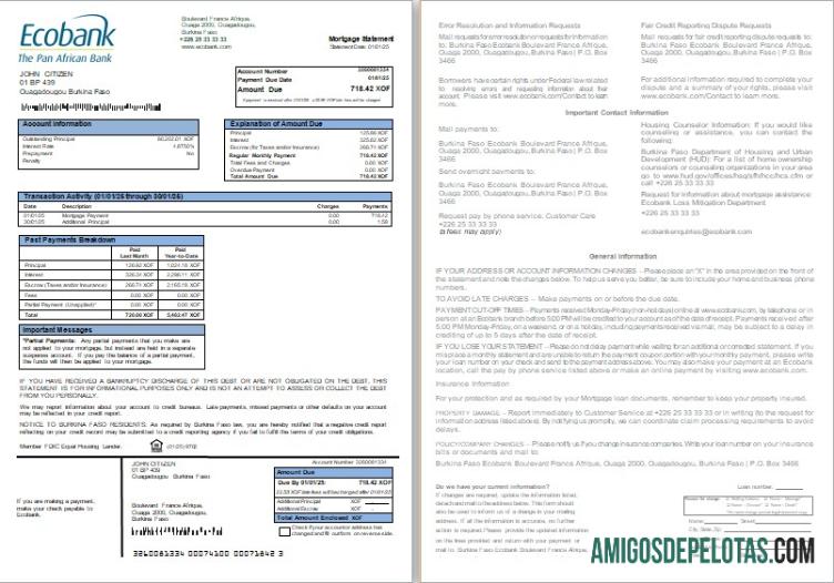 Extrato de hipoteca do Banco Ecobank de Burkina Faso, 2 páginas, 1 2 Scr baixar para verificação